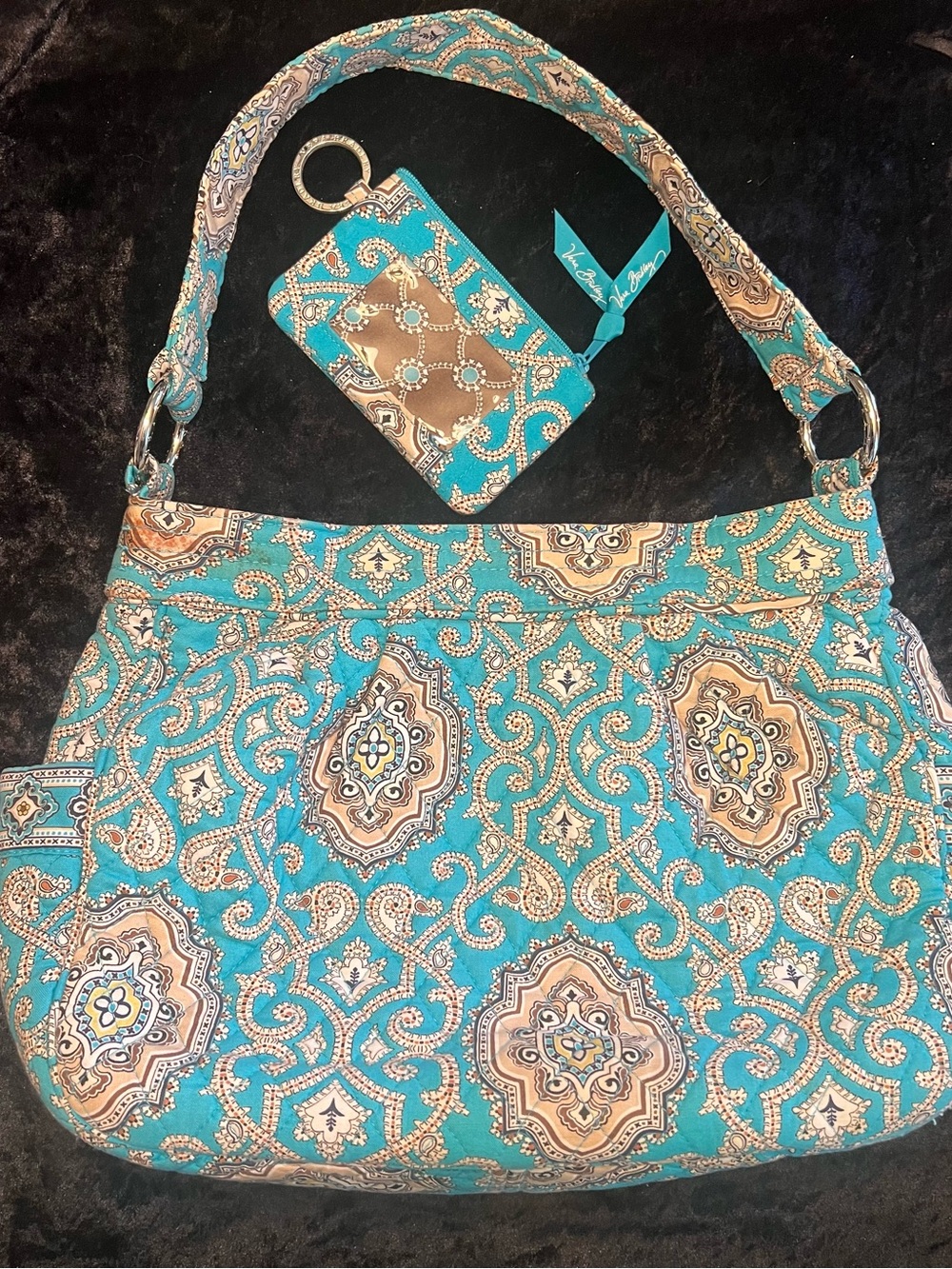 Vera Bradley Turquoise and Tan Paisley Quilted Shoulder Bag with Cardholder